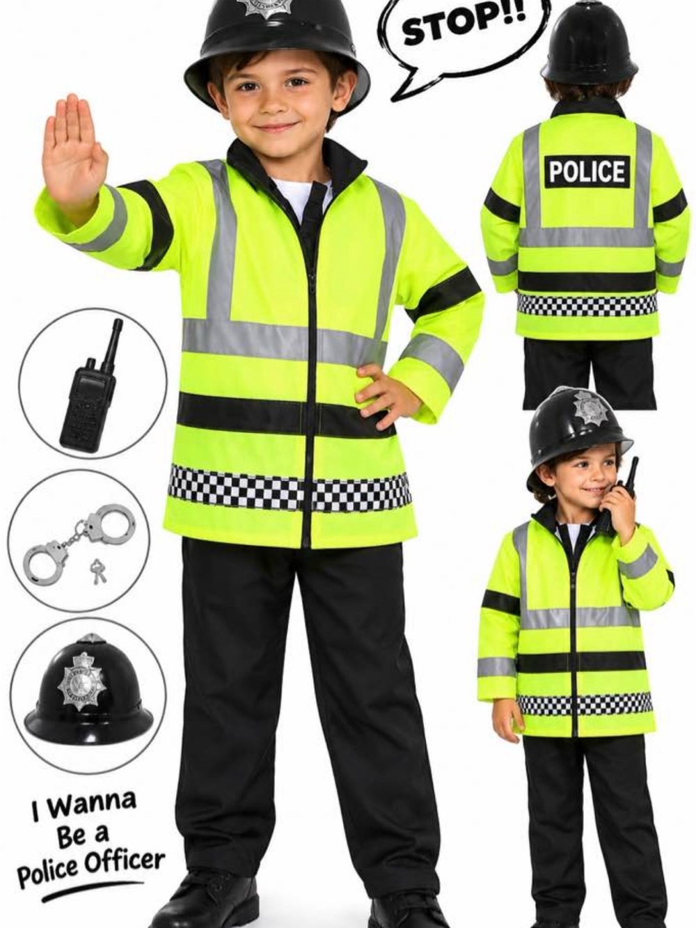 High-Visibility Kids Police Costume Jacket - Yellow child size 3-5